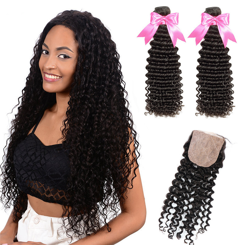 Silk Base Closure With Bundles Deep Wave Bundles Curly Hair Wefts